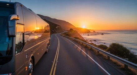 Luxury tour bus driving on scenic coastal road at golden hour su