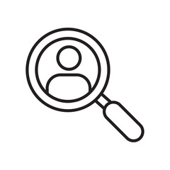 Vector outline search drawing person icon. Person Search, Magnifying Glass Icon, User Profile, Find People, Identity Lookup. Magnifying glass searching for user profile icon. Preview Profile Icon.