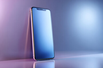 Smartphone screen mock up. Modern phone with blank clean screen standing on neon background with reflections