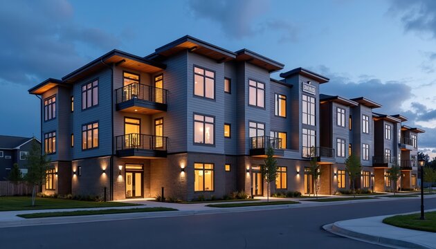 Modern multifamily building exterior shot during twilight. Architectural design features stylish Hardie plank siding. Building facade with windows balconies, lights at dusk. Contemporary residential
