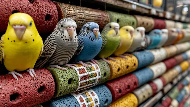 Colorful Budgerigars Perched on Stacked Parrot Toys: A Vibrant Display of Pet Birds and Playful Accessories for Avian Enrichment