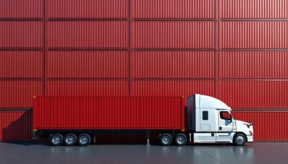 White truck transports red container against container wall. Illustrates global import export logistics. Shows international supply chain, worldwide freight transport business. Transportation of