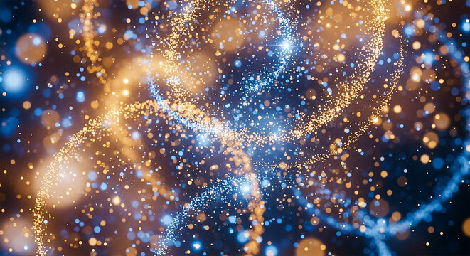 Golden Dust Dancing in Blue Light Shimmering Particle Trails Abstract Art Galaxy Sparkles Digital Painting Universe
