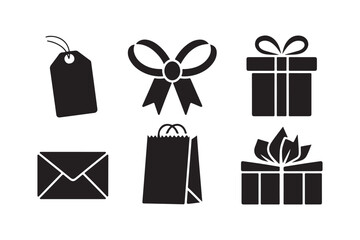 Set of six black gift and shopping icons on a white background