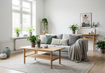 Obraz premium Nordic inspired living room with bright walls wooden furniture green plants and cozy sofa for simple design.