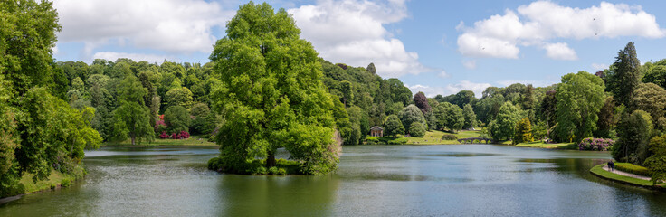 Panoramic  photo of the lake at Stourhead Gardens in Wiltshire