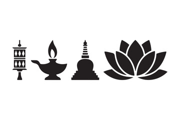 Buddhist symbols including prayer flag lamp stupa and lotus flower