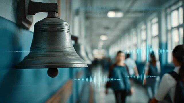 School Bell Ringing with Digital Soundwave Overlay in a Busy School Hallway, Education Concept, End of Class, Students Walking