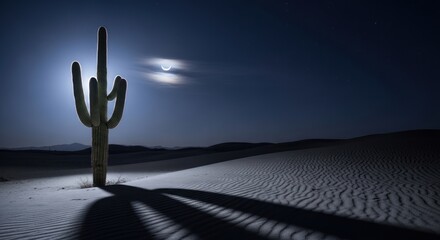 Moonlit Saguaro Cactus Silhouette in Vast Desert Landscape at Night with Crescent Moon and Stars