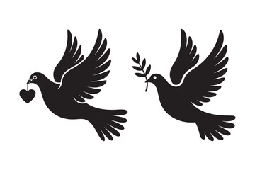 Two black silhouette doves flying with symbols of love and peace