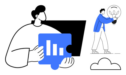 Person holding puzzle piece with bar chart, individual carrying light bulb for ideas, and a cloud symbol. Ideal for teamwork, innovation, brainstorming, problem solving, data analysis, creativity