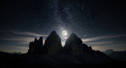 Majestic Full Moon and Milky Way Illuminate Dramatic Mountain Peaks Against a Star-Filled Night Sky