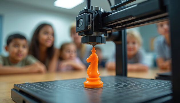 Kids observe 3D printer creating orange chess knight. Young students learn modern tech, engineering, design, innovation in classroom. Hands-on STEM education, fostering creativity, future skills