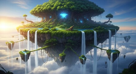 Majestic Floating Islands and the Ancient Glowing Tree, a Serene Fantasy World Above the Clouds with Cascading Waterfalls and Lush Green Landscapes