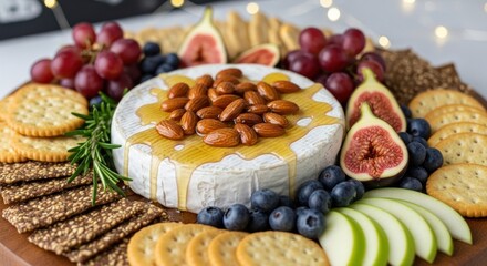 Gourmet Cheese and Cracker Platter with Brie, Honey-Drizzled Almonds, Fresh Figs, Grapes, Blueberries, and Green laptop Slices, garnished with Rosemary on a Wooden Board, perfect for Entertaining