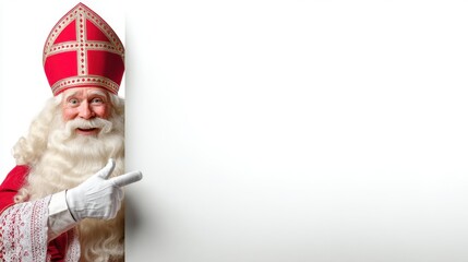 Traditional Dutch Sinterklaas character wearing red bishop robe and mitre, long white beard, standing against a white background, peeking from behind a blank banner and pointing with gloved hand, chee