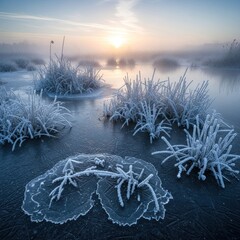 Misty Winter Sunrise over Frozen Lake with Frosted Reeds and Ice Patterns, Capturing the Tranquil Beauty of a Cold Morning Landscape