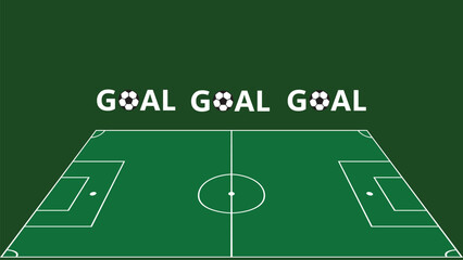 Flat Minimalist Green Soccer Field Illustration with White Line and Goal Text Typography Using Football Icons for Sport Banner and Game Poster Background Design © AdyZakaria