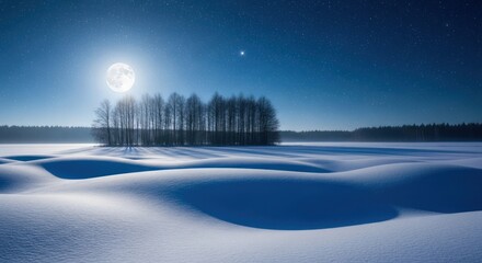 Serene Winter Night Landscape: Full Moon and Starry Sky Illuminating Snow Dunes, Bare Trees, and Distant Forest