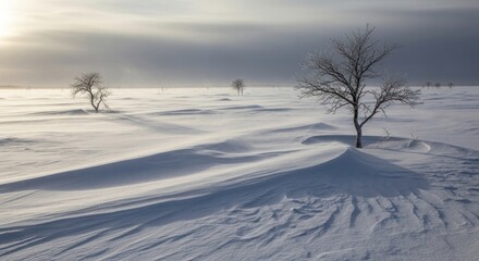 Serene Winter Landscape with Frost-Kissed Bare Trees and Wind-Sculpted Snow Drifts under a Hazy Sky