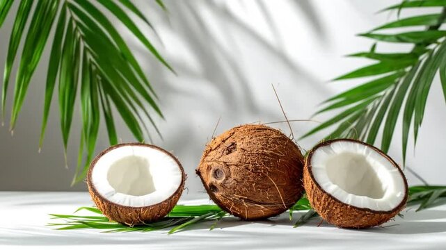 Whole and Halved Coconuts With Palm Leaves in Bright Sunlight Creating Shadow Patterns on White Background