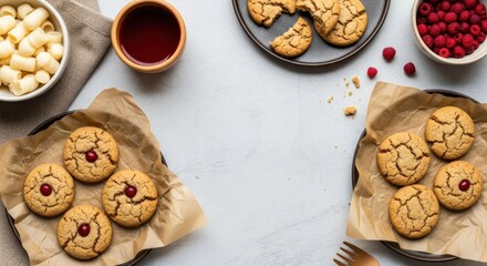 Fototapeta premium Cookies, raspberries, & ingredients arranged symmetrically on a white surface