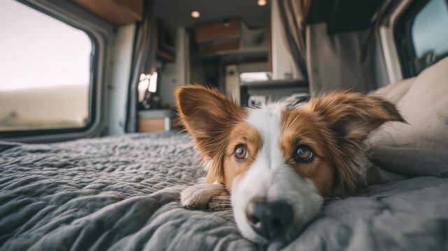 A cute dog lies comfortably on a plush bed in a stylish camper van, enjoying a relaxing travel moment. The serene scene captures the essence of van life and pet companionship on the road