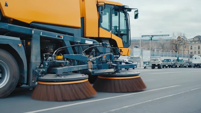 Street Sweeper Truck Cleaning Asphalt Road with Rotating Brushes in Urban Environment, City Maintenance and Sanitation Equipment in Action