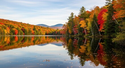 Vibrant Autumn Foliage Reflected in Tranquil Lake with Distant Mountains Under a Clear Sky