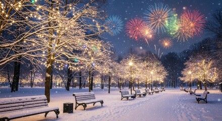 Magical Winter Park at Night with Snow, Festive Lights, and New Year' Eve Fireworks