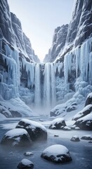 Spectacular Frozen Waterfall and Icy Canyon Landscape in Winter with Towering Cliffs and Snow-Covered River