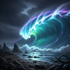 Epic Glowing Cosmic Wave Breaking on a Dark, Rocky Shore under a Stormy Night Sky, a Surreal Fantasy Seascape with Vibrant Luminous Energy and Dynamic Light