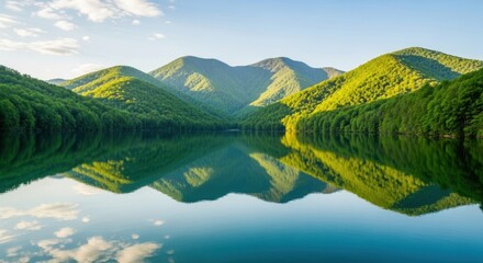 Perfect reflection of lush green mountains and forests in a calm blue lake under a bright sky, capturing serene natural beauty and tranquility.
