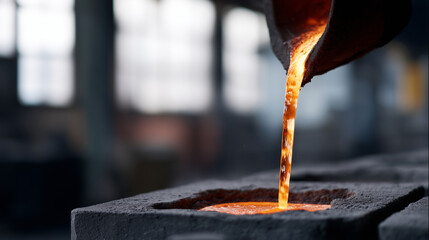 ChatGPT ÑÐºÐ°Ð·Ð°Ð»:Realistic industrial photo capturing molten metal being poured from a crucible into sand molds in a foundry. The glowing orange stream of liquid iron creates sparks
