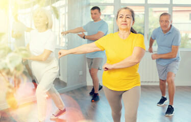 Obraz premium Positive elderly woman practicing Tai Chi with group of aged people, promoting health and wellness in bright training room