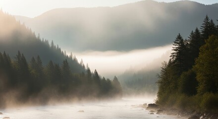 Golden Morning Mist Shrouds a Peaceful River and Evergreen Forests in a Mountain Valley, Bathed in Soft Sunrise Light.