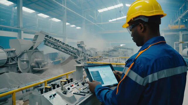 African American Engineer Using Tablet Inspecting Industrial Equipment in Manufacturing Plant, Wearing Safety Gear, Monitoring Production Process, Modern Technology, Quality Control