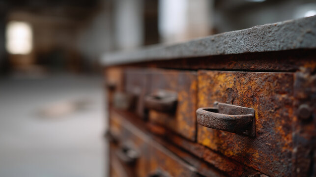 ChatGPT &Ntilde;&ETH;&ordm;&ETH;&deg;&ETH;&middot;&ETH;&deg;&ETH;&raquo;:Realistic close-up photo of a weathered metal cabinet with small drawers covered in rust and patina. Each drawer features an aged handle, showing detailed textures o