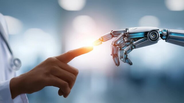A doctor&rsquo;s hand and a robot&rsquo;s hand almost touch, representing collaboration between humans and advanced robotics in medicine. The image highlights the future of AI driven healthcare solutions