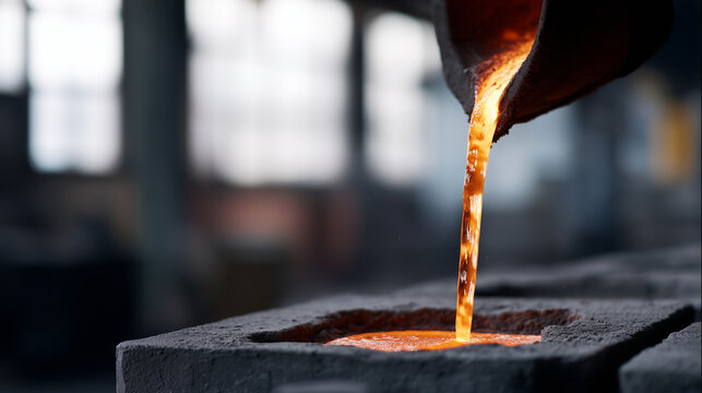 ChatGPT &Ntilde;&ETH;&ordm;&ETH;&deg;&ETH;&middot;&ETH;&deg;&ETH;&raquo;:Realistic industrial photo capturing molten metal being poured from a crucible into sand molds in a foundry. The glowing orange stream of liquid iron creates sparks