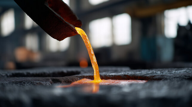 Realistic industrial photo capturing molten metal being poured from a crucible into sand molds in a foundry. The glowing orange stream of liquid iron creates sparks and reflections