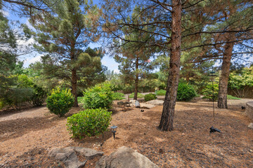 A beautifully maintained park thriving with lush trees and scattered rocks