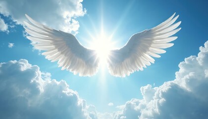 Image shows angel wings soaring against bright sun in blue sky with clouds. Spiritual scene depicts hope and faith. Heavenly concept symbolizes peace after death.