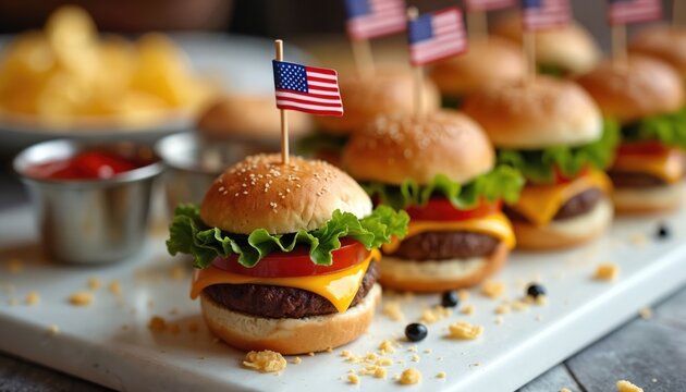 Mini burgers arranged on tray. Each burger has a tiny US flag on top. Food includes chips and dips. Perfect for Fourth of July or a football party.