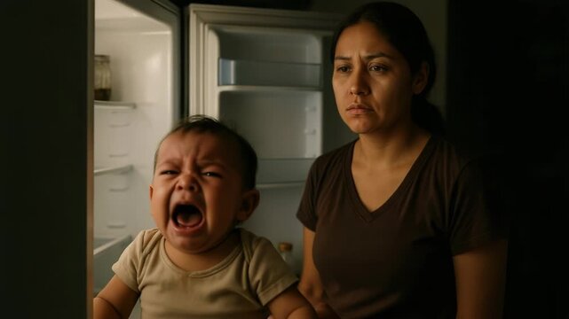 A distressed mother looks at her crying baby. An empty refrigerator highlights their struggle with hunger.