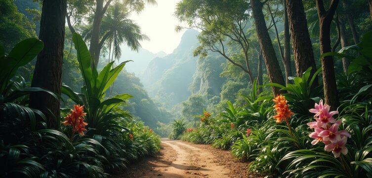Dirt path winds through dense tropical jungle. Sunlight filters past tall trees, lush green plants, colorful orange, pink flowers. Misty mountains rise in background. This natural forest looks calm.
