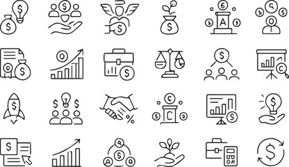 Return on investment icons line style set with money bag, growth chart, profit increase, capital, dividend, ROI, sales, and financial collection symbols vector illustration