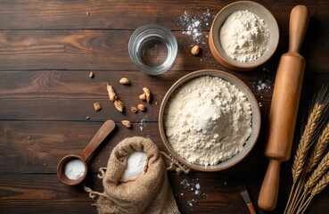Photo displays ingredients for baking bread. Bowls with flour bag with powder wooden rolling pin and spoon. Water glass and wheat on brown wood table shows process.