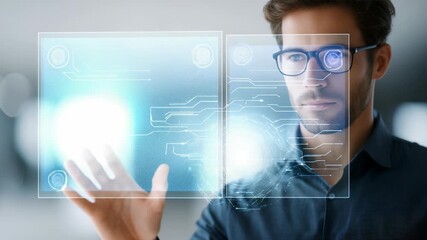 A professional male explores innovative digital technology, touching a holographic interface with precision. The scene highlights modern business, artificial intelligence, and future tech trends - Powered by Adobe