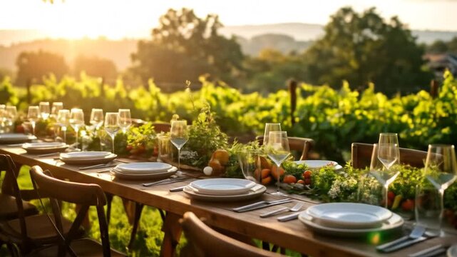 Elegant Outdoor Dining Table Set With Vineyard And Golden Sunset Background Ready For Celebration